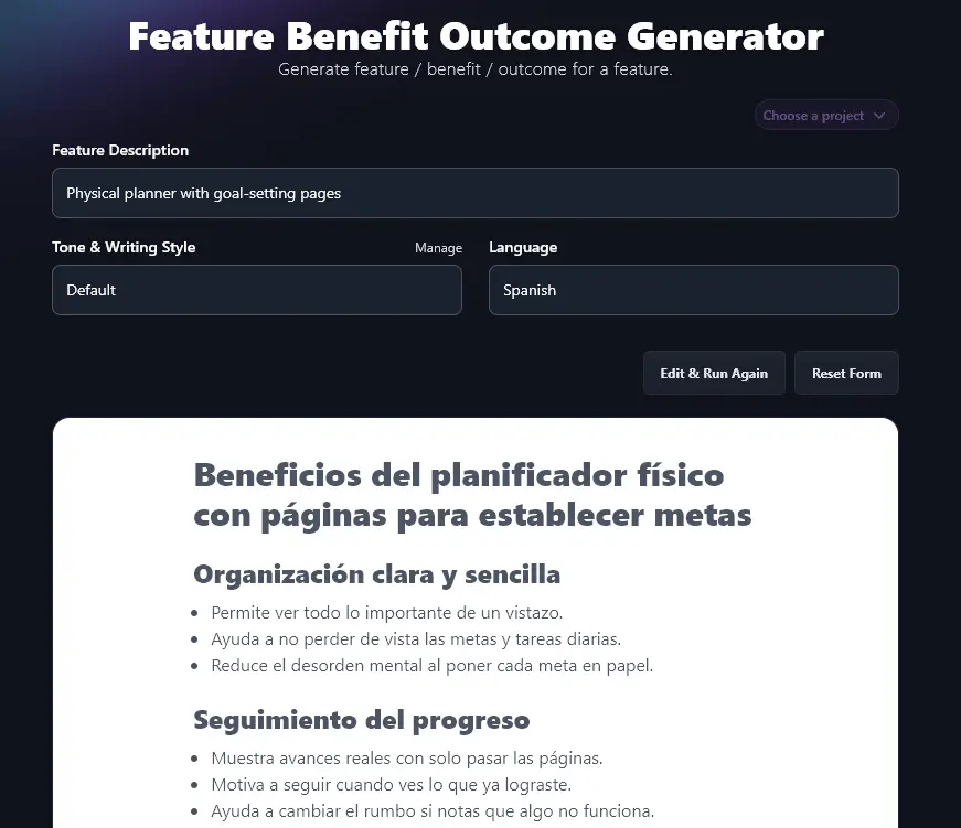 Spanish Copy Generated by the Feature Benefit Outcome Tool