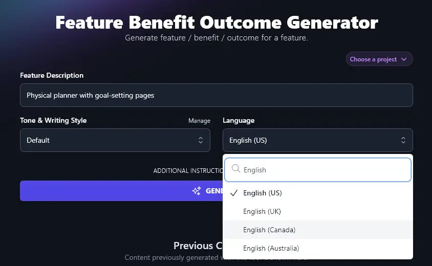 Choosing Different Varieties of English in the Feature Benefit Outcome Generator