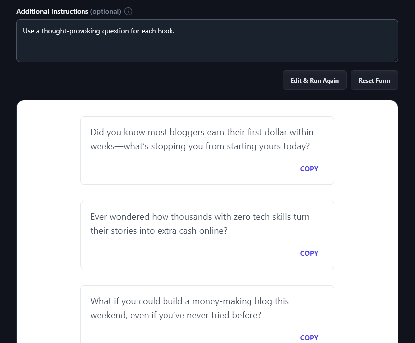 The AI Hook Generator Has Followed the Advanced Instructions When Creating Hooks