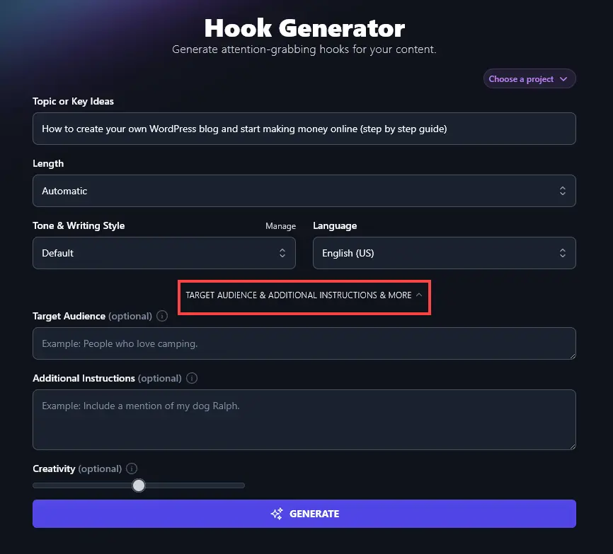 Opening Up the Advanced Options for the AI Hook Generator