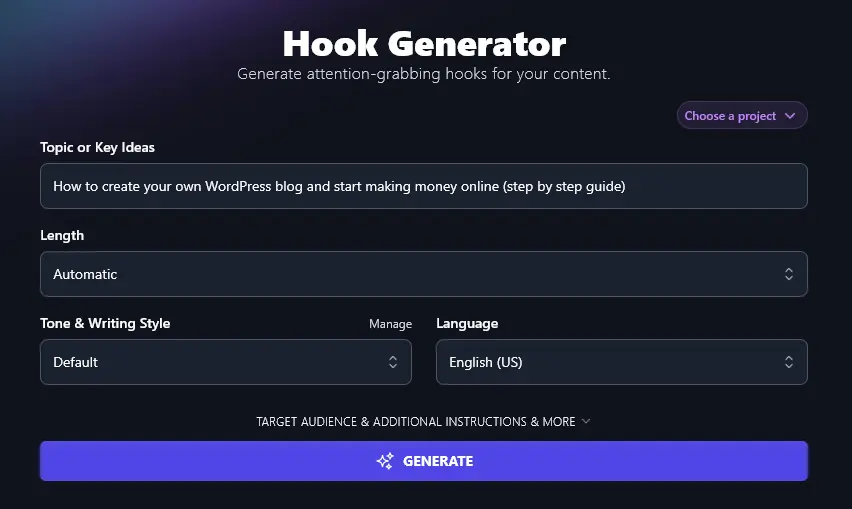 Entering a Detailed Topic for the Hook Generator