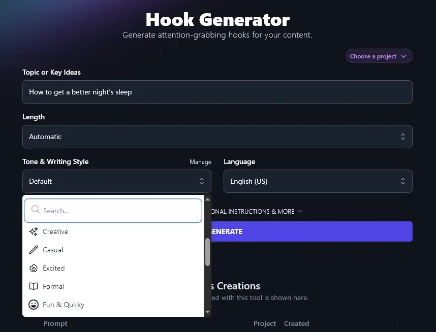 Choosing Your Tone & Writing Style in the Hook Generator