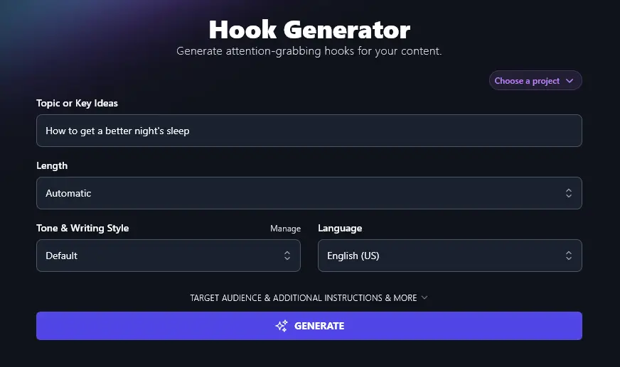 Entering Your Topic or Key Idea Into the Hook Generator