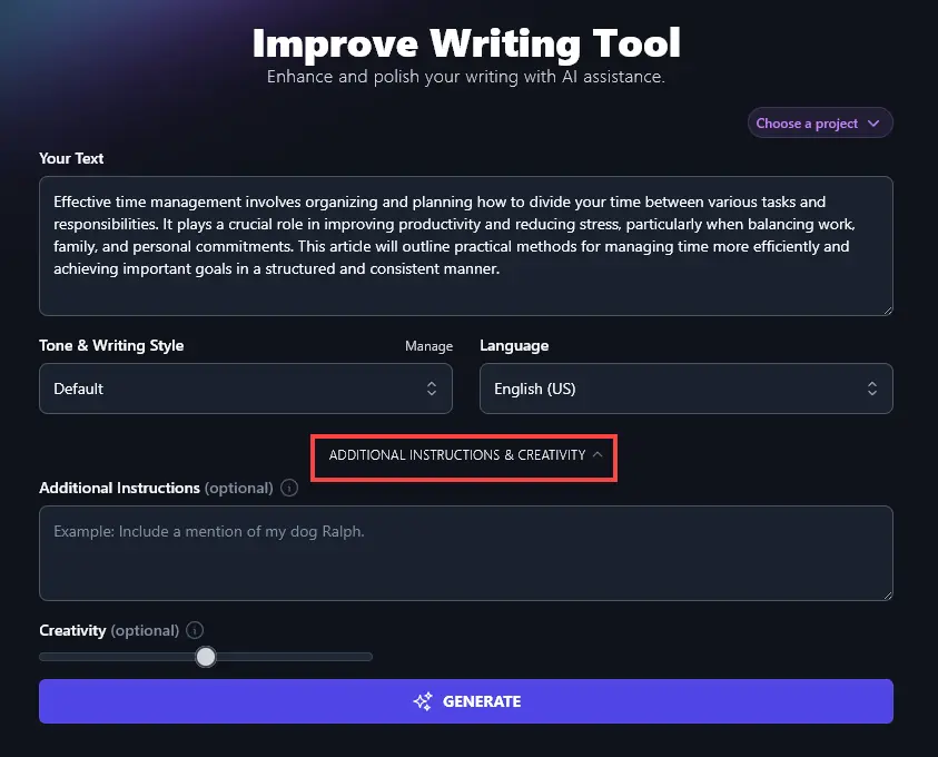 Opening Up the Advanced Options for the Improve Writing Tool
