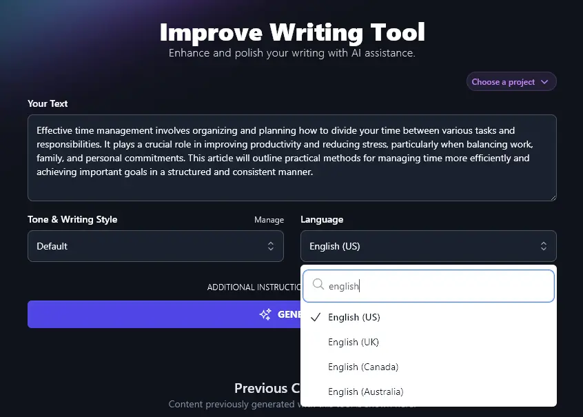 Selecting From 4 Varieties of English in the Improve Writing Tool