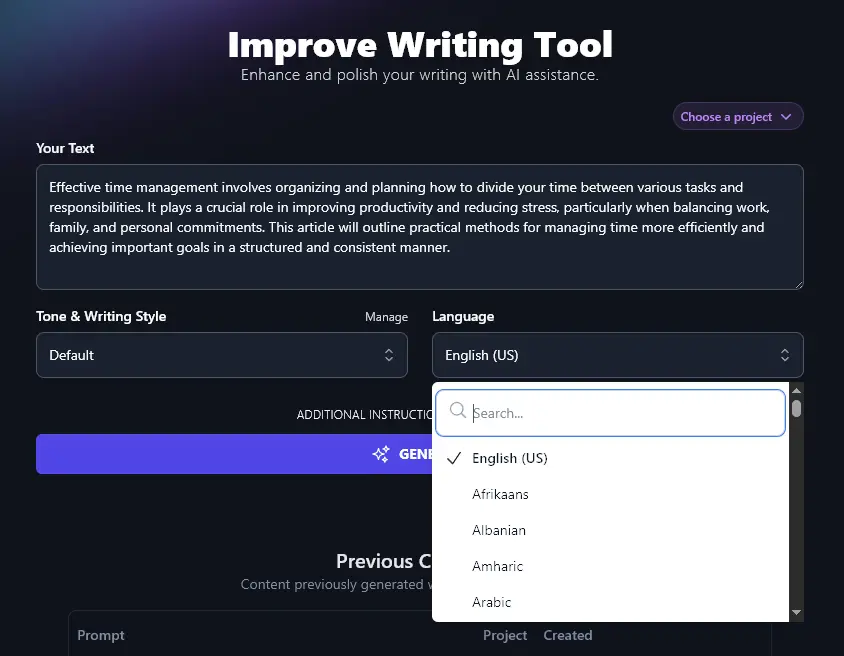 Choosing a Language in the Improve Writing Tool