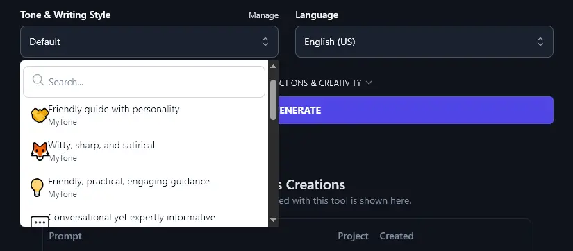Selecting a MyTone Option from the Tone & Writing Style Dropdown in the Improve Writing Tool