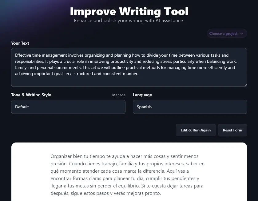 Content Created by the Improve Writing Tool in Spanish