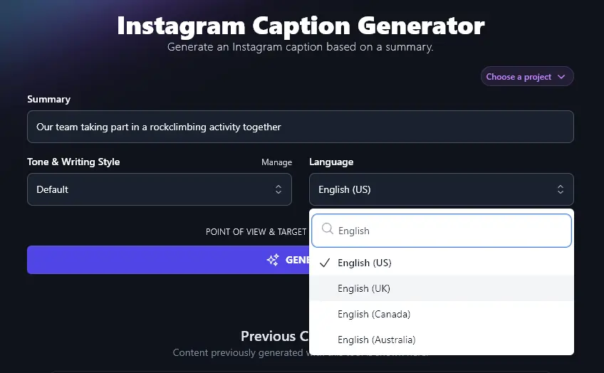 Different Versions of English Available in the Language Dropdown of the AI Instagram Caption Generator