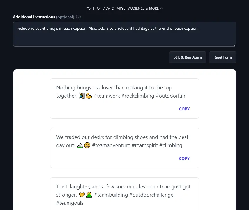 Entering Additional Instructions Into the Instagram Caption Generator