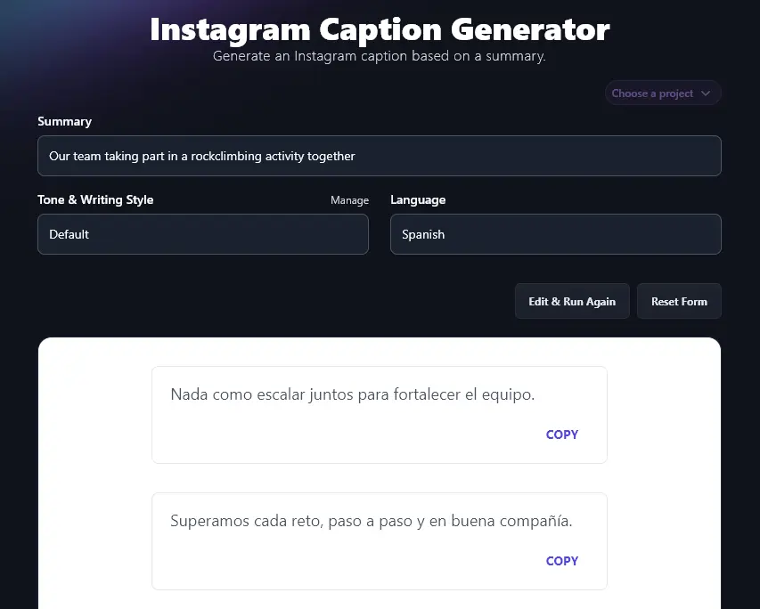 Generating Captions in Spanish Using the AI Instagram Caption Generator