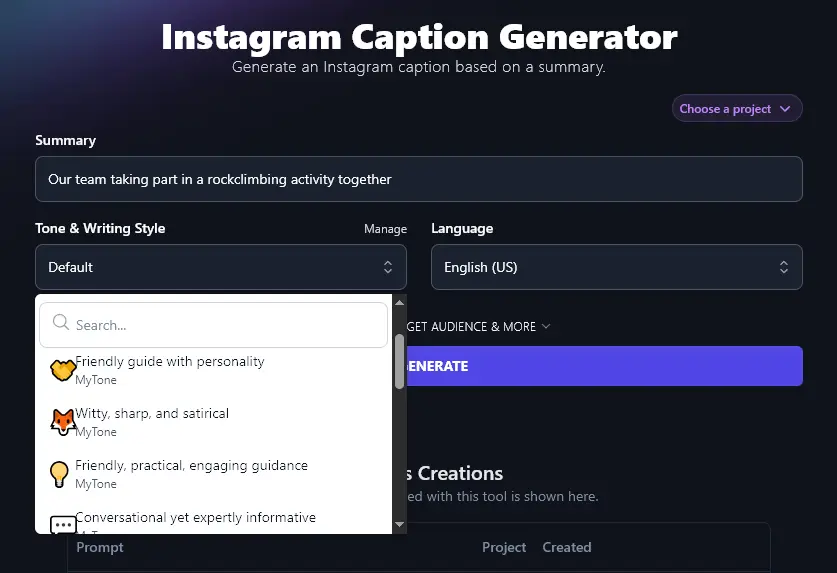 Using Custom MyTones With the AI Instagram Caption Generator