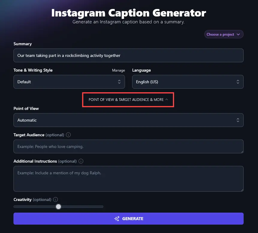 Opening Up the Advanced Options for the AI Instagram Caption Generator