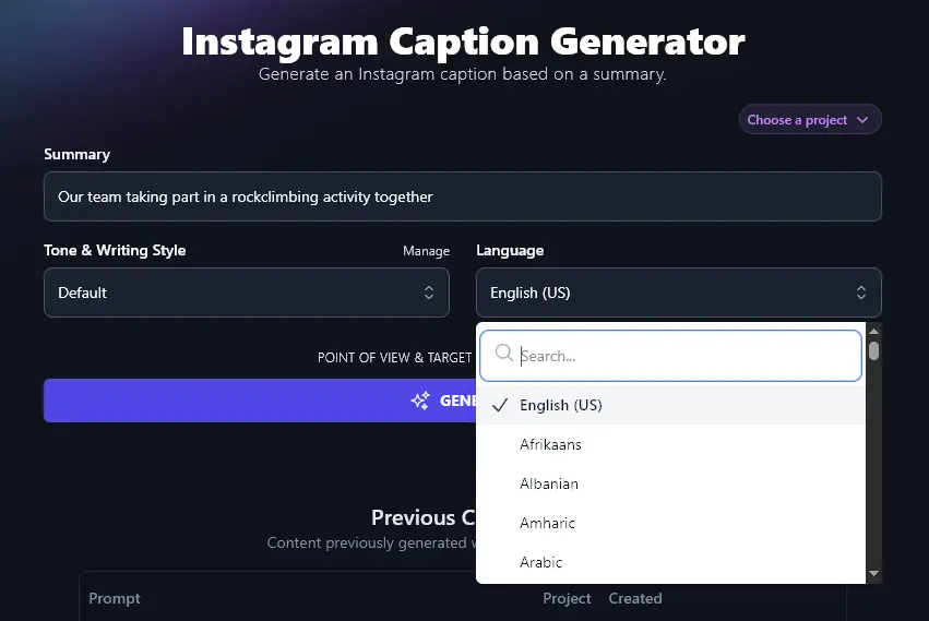 Choosing Your Preferred Language to Use With the Instagram Caption Generator