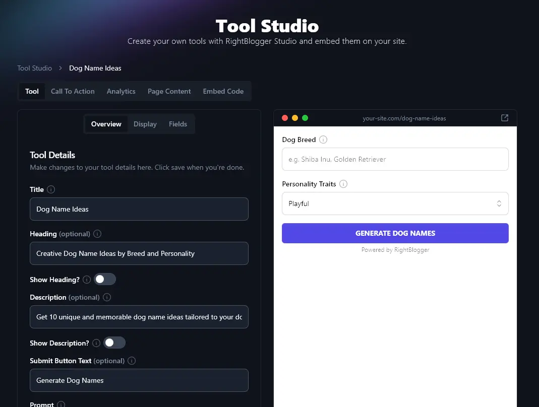 The Dog Name Generator Created in the RightBlogger Tool Studio