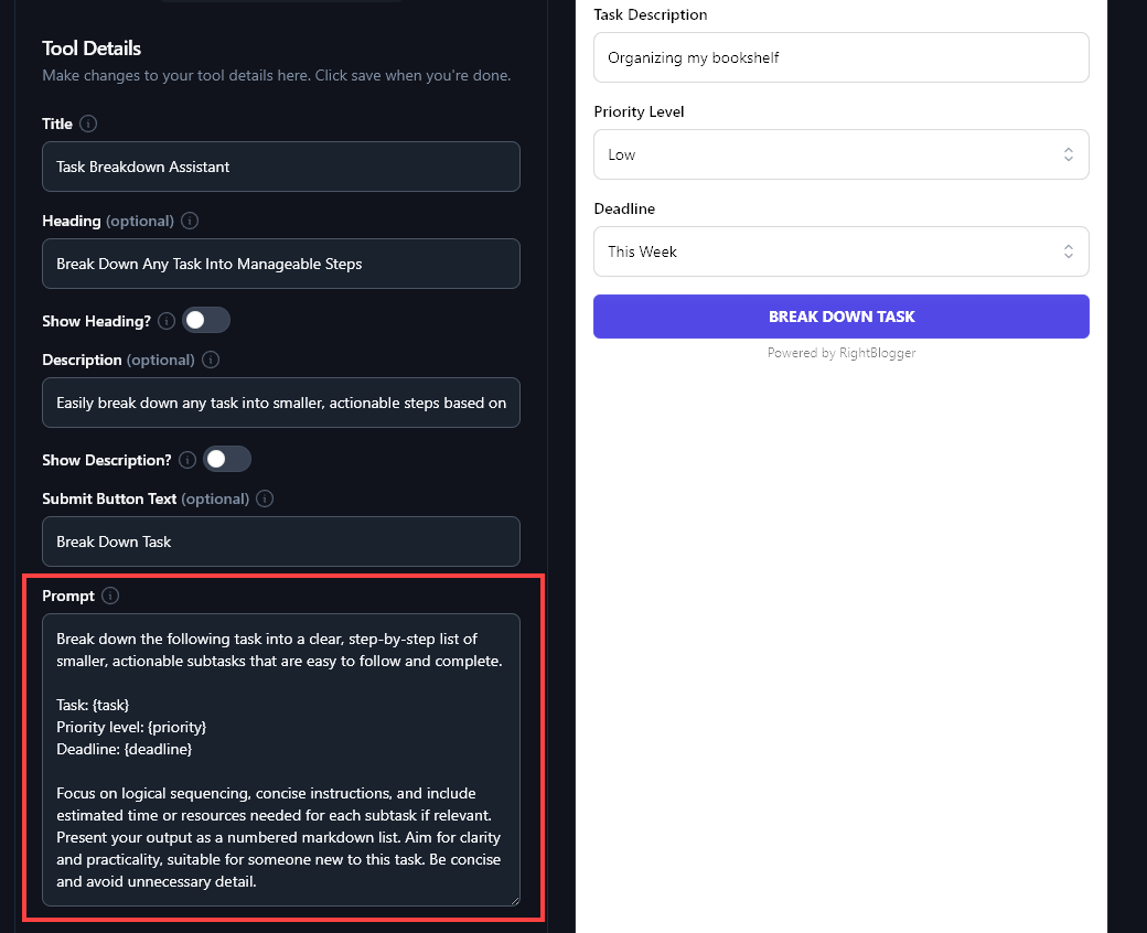 Adjusting the Prompt for the AI Lead Magnet in the RightBlogger Tool Studio