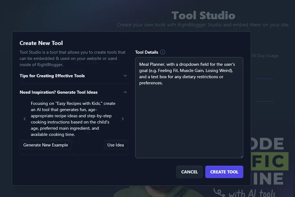 Entering a Prompt to Create a Meal Planner Tool in the RightBlogger Tool Studio