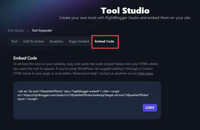 Getting the Embed Code for Your Lead Magnet from RightBlogger Tool Studio