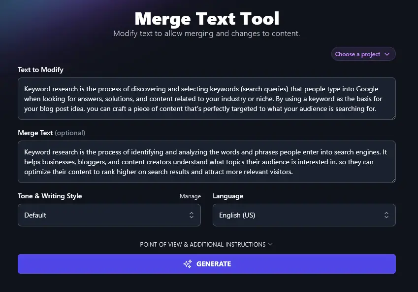 Entering Your Second Piece of Text into the AI Merge Text Tool