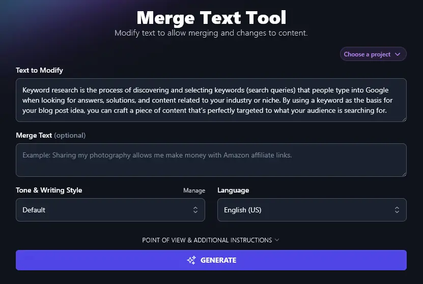 Entering Your First Piece of Text into the AI Merge Text Tool