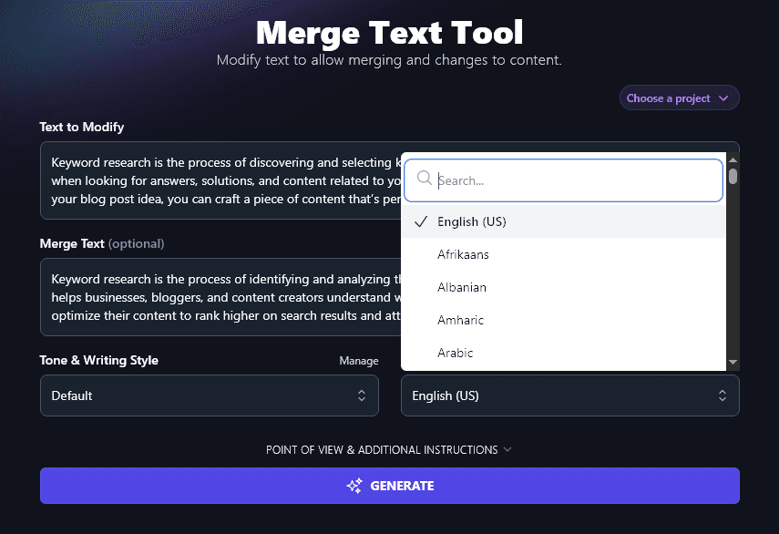 Choosing a Language to Use With the AI Merge Text Tool
