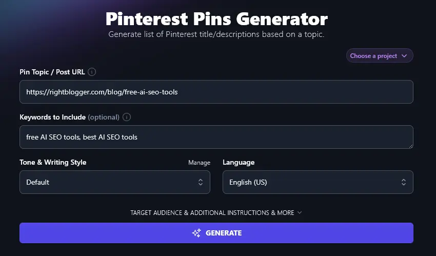 Entering Keywords Into the Pinterest Pin Generator