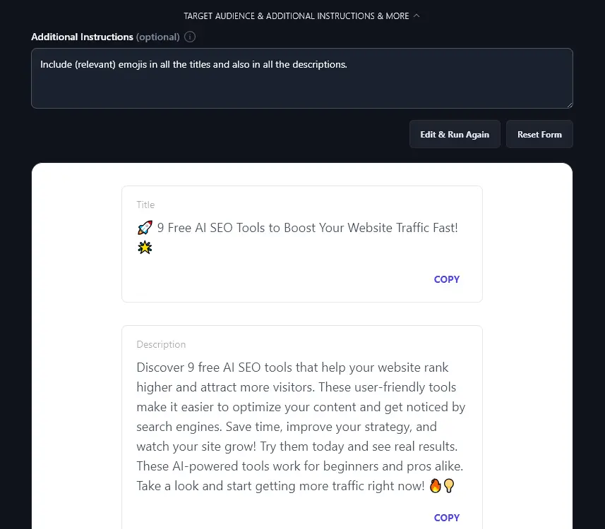 The Additional Instructions Have been Followed (the AI Has Included Emojis in Both the Title and Description)
