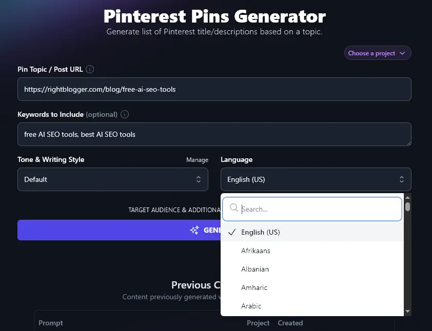 Choosing Your Preferred Language in the Pinterest Pin Generator