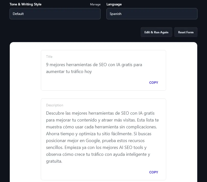 A Pin Title and Description Written in Spanish by the Pinterest Pin Generator