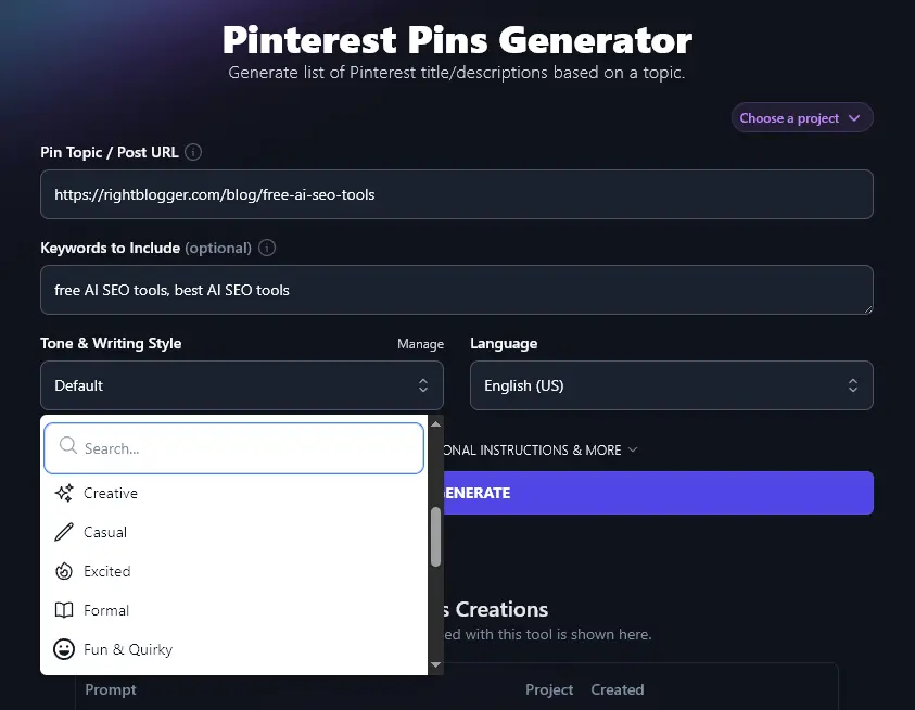 Selecting a Tone & Writing Style in the Pinterest Pin Generator