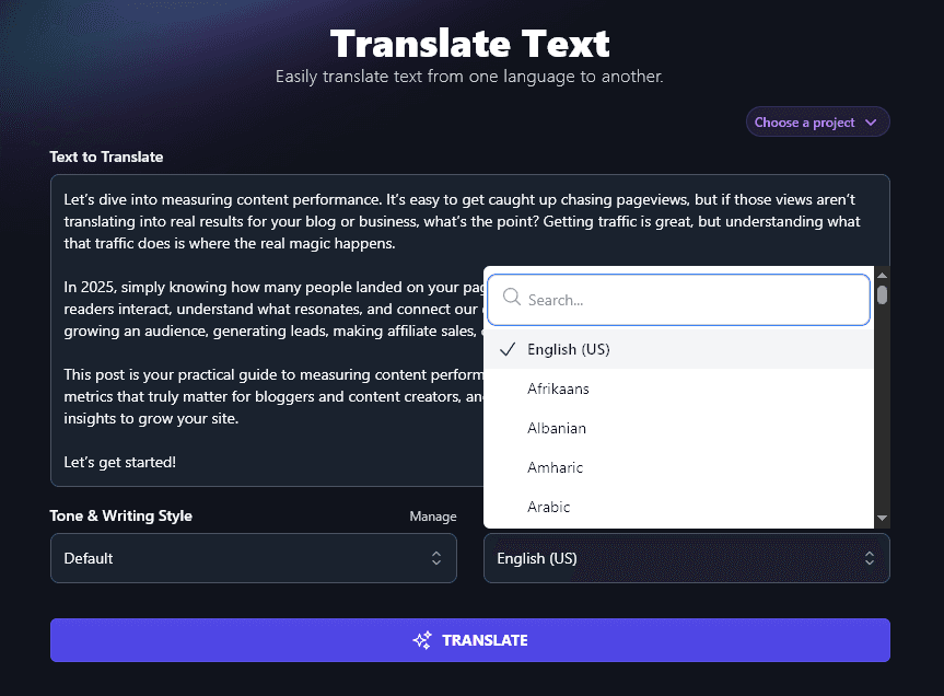 Selecting the Language You Want the AI Translate Text Tool to Translate Your Text Into