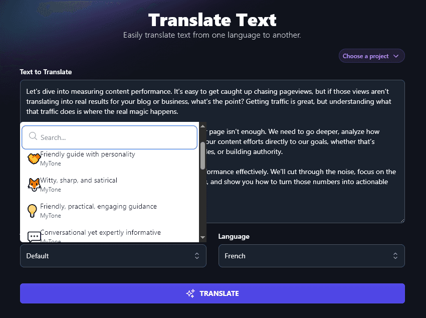 Using Custom MyTones With the AI Translate Text Tool