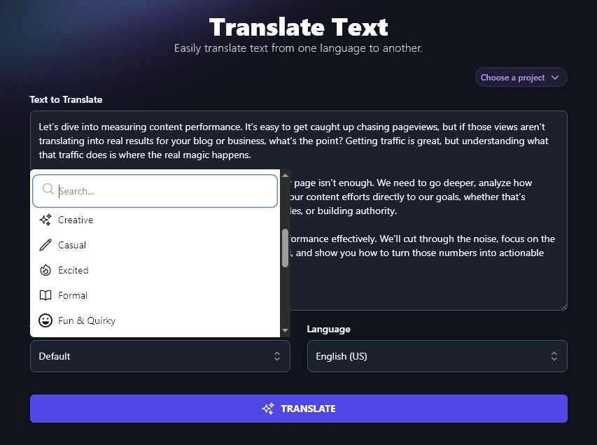 The Tone & Writing Style Dropdown for the AI Translate Text Tool