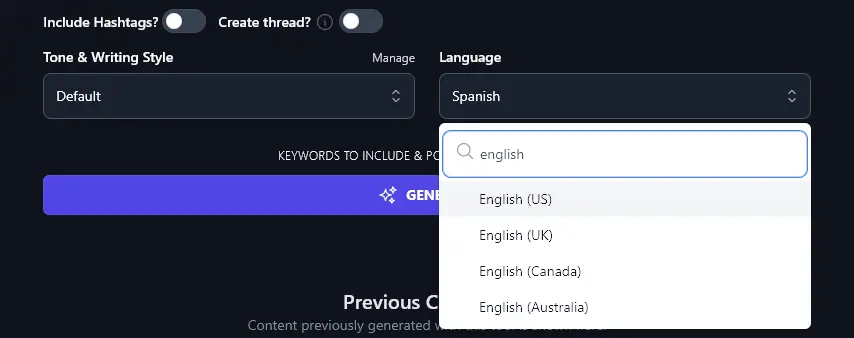 Choosing From 4 Varieties of English to Use in the Tweet Generator