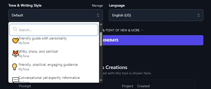 Viewing Your MyTone Options in the Tone & Writing Style Dropdown of the Tweet Generator