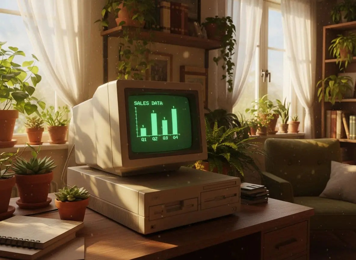 A photorealistic image of a simple bar chart on a vintage 1980s IBM PC's green monochrome screen, set in a cluttered wooden desk amid lush green plants in a cozy, sunlit home office with warm bookshelves and soft morning light.