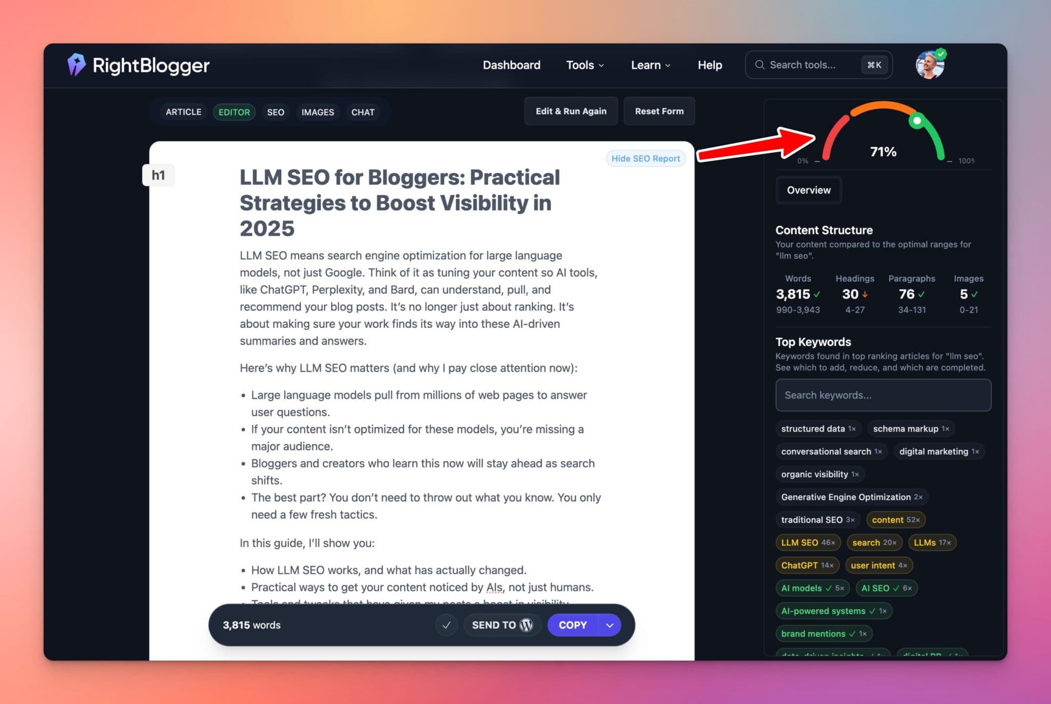 RightBlogger SEO Reports Feature (Screen Shot)