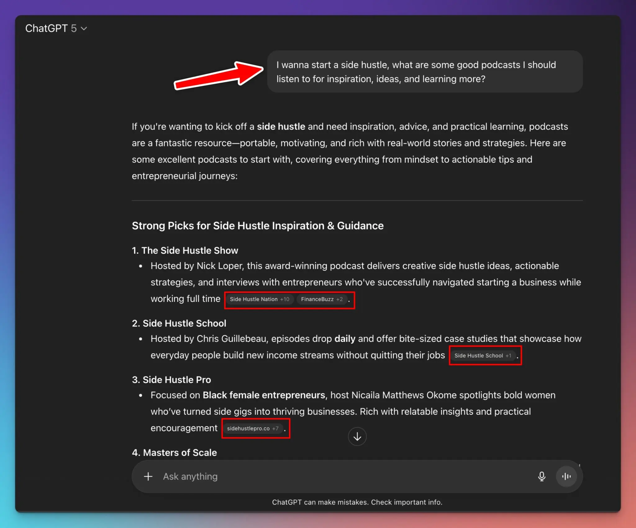 Example of Podcasts Ranking in LLMs like ChatGPT (Podcast to Blog Tool) Screen Shot
