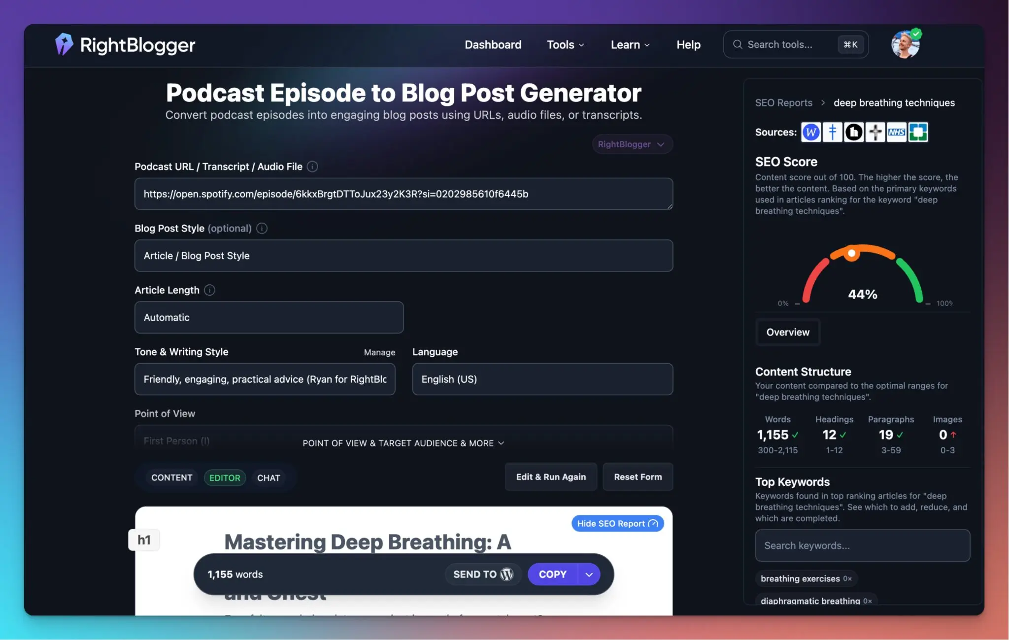 Podcast to Blog Post Generator Tool in RightBlogger (Preview)