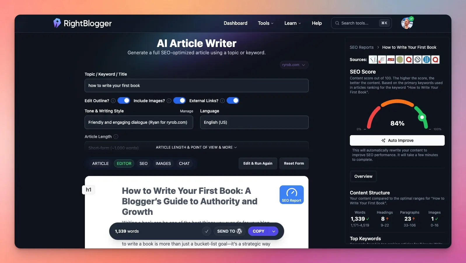 RightBlogger AI Auto SEO Optimization Tool (Screenshot Example)