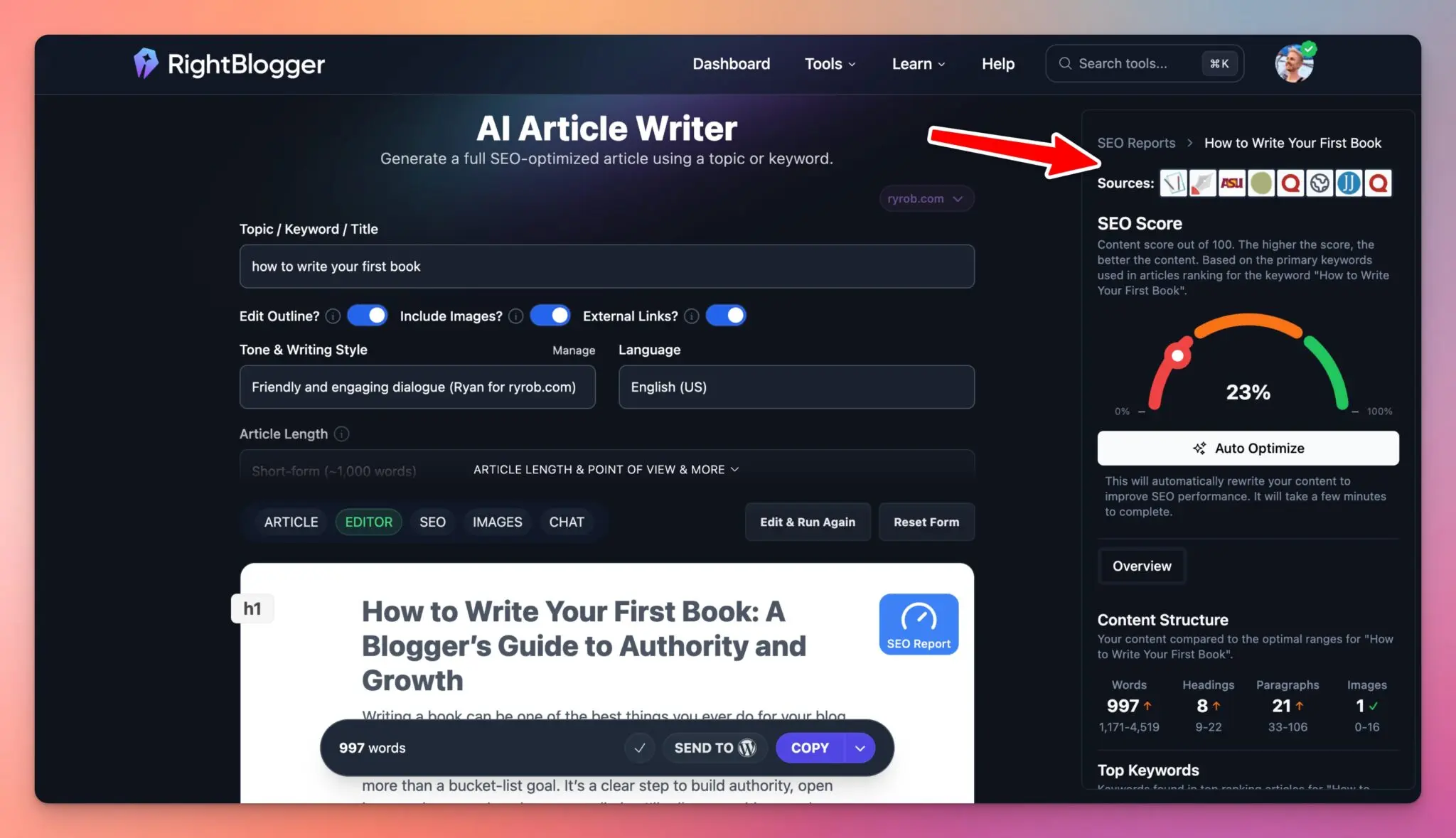 SEO Report Example for Auto SEO Optimization Tool (Screenshot)