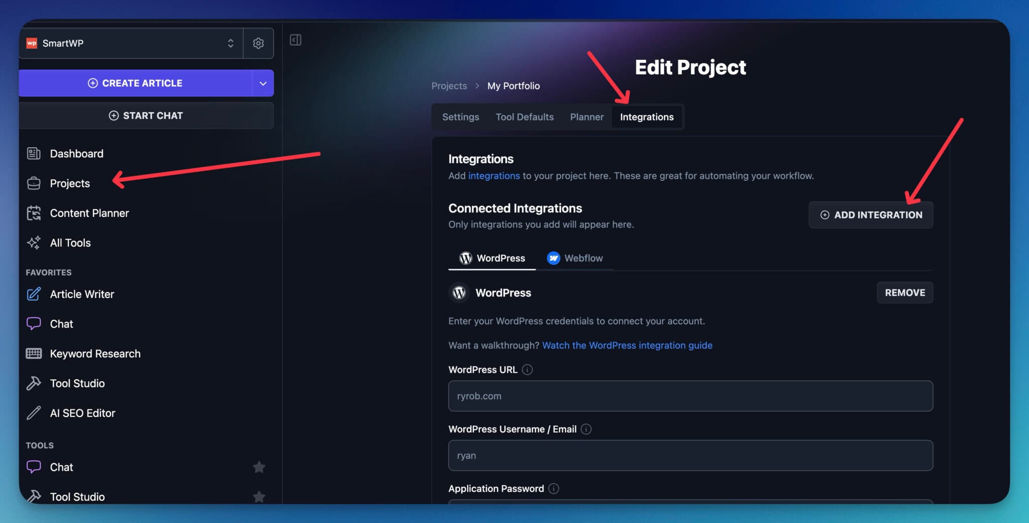 Adding integrations in RightBlogger