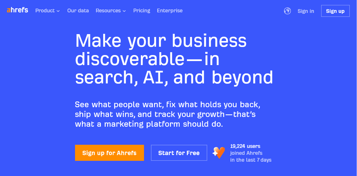 Ahrefs' front page (Ahrefs vs Surfer)