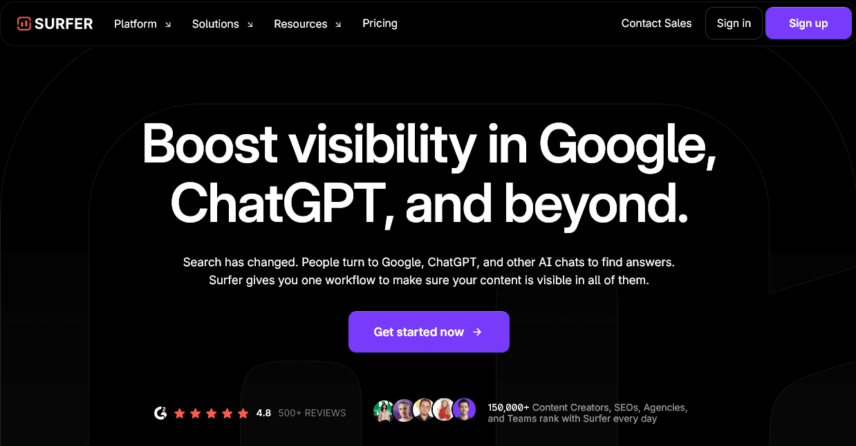 SurferSEO's front page (Surfer vs Ahrefs)