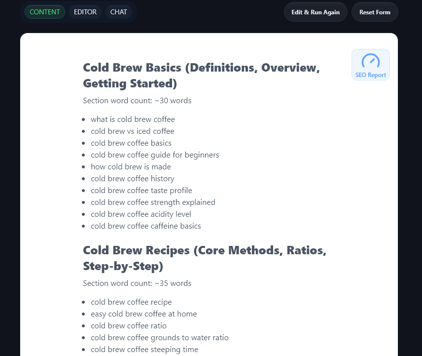 A keyword cluster list created by the RightBlogger Keyword Cluster tool, to help form a topical authority map.
