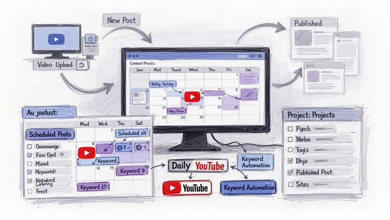 A sketchy, hand-drawn illustration in blues, purples, blacks, and grays on white background showing a content planner dashboard for autoblogging, featuring a calendar with YouTube icons, automation buttons, project lists, and faint workflow arrows.