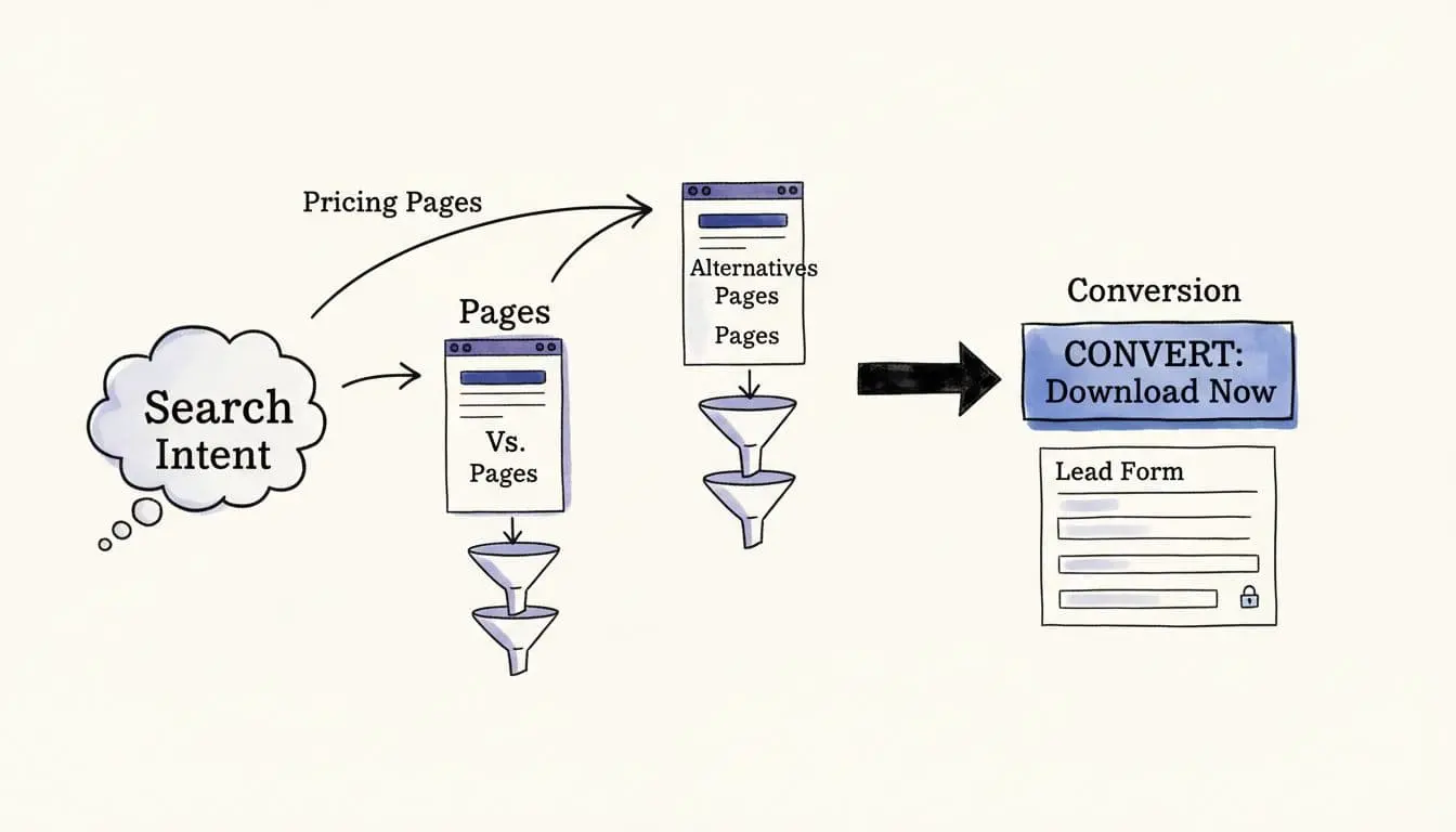 Hand-drawn split-screen illustration comparing Pricing, Alternatives, and Vs pages, showing search intent arrows to conversion funnels and highlighted CTA buttons in a modern SaaS/SEO style.