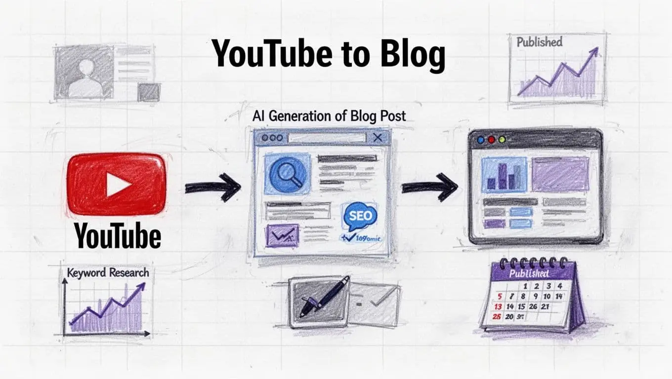 Hand-drawn style illustration in blues, purples, blacks, and grays on white background showing the YouTube to blog automation process, with icons for video upload, AI blog generation, and website publication connected by arrows.