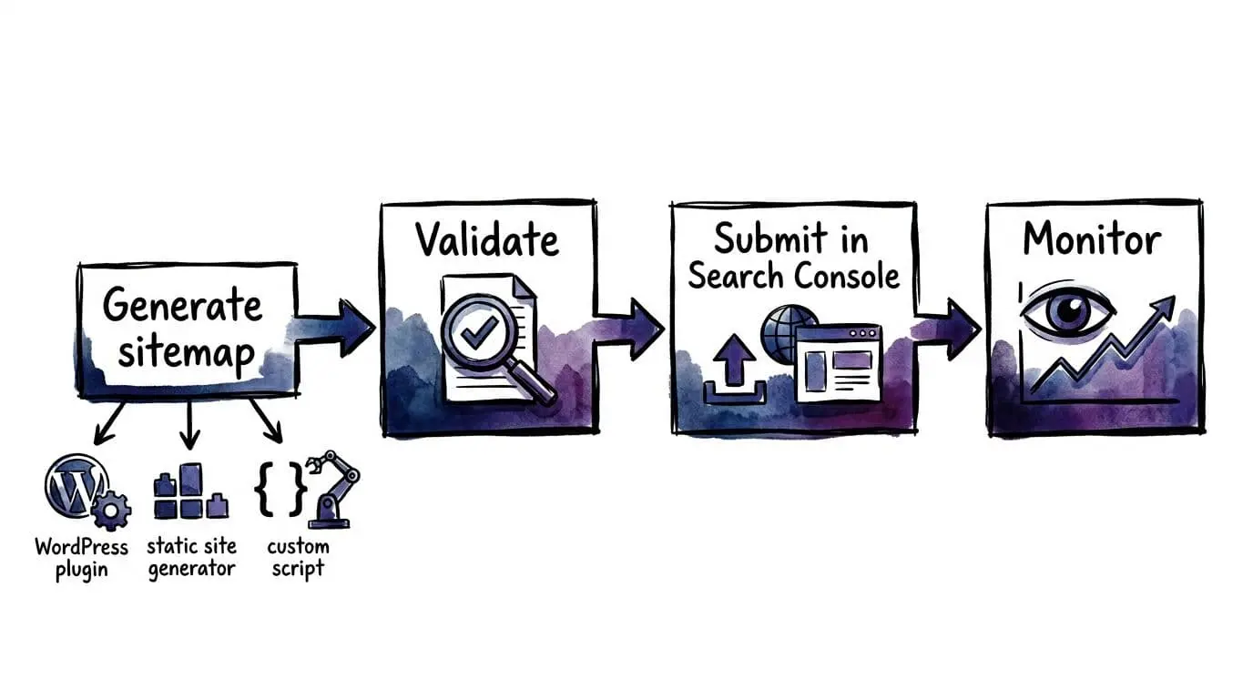 Hand-drawn sketchy ink and watercolor illustration of a step-by-step flowchart: Generate sitemap, Validate, Submit in Search Console, Monitor, with icons for WordPress, static site generators, and custom scripts.