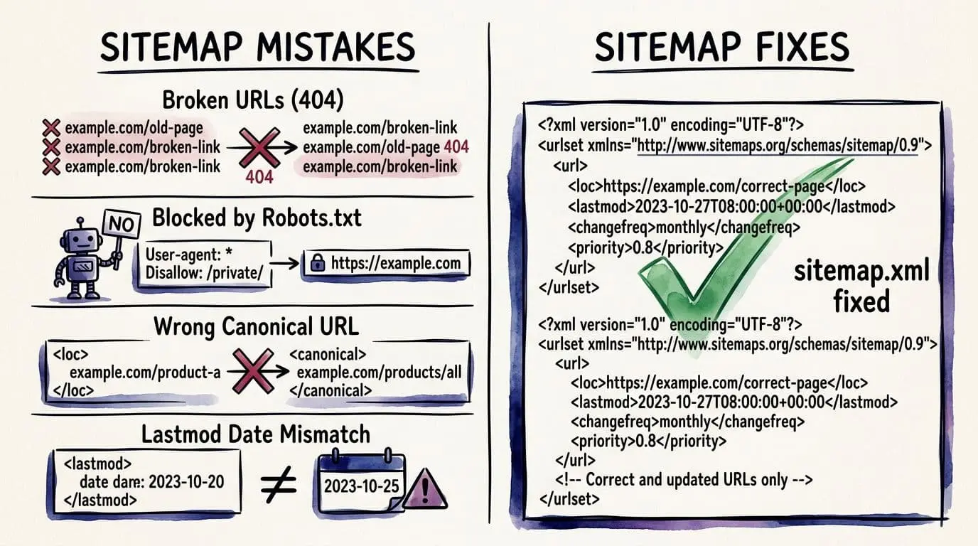 Hand-drawn split-panel illustration in sketchy ink and watercolor style showing common sitemap errors like 404 URLs, robots.txt blocks, wrong canonicals, and lastmod mismatches crossed out on the left, versus corrected versions with a green checkmark and minimal 'sitemap.xml fixed' snippet on the right.
